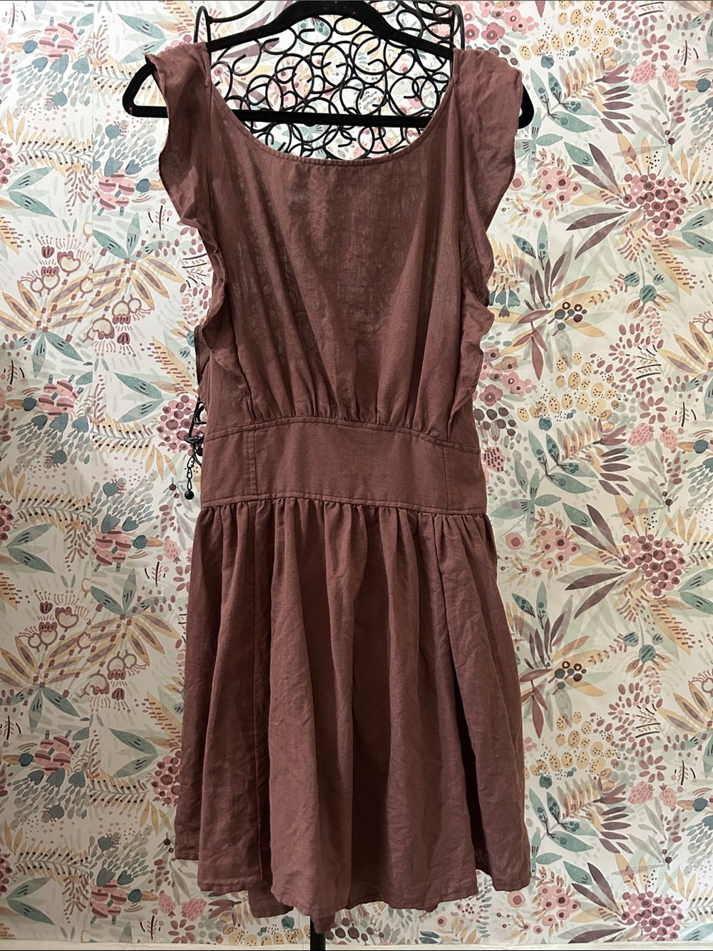 Free People Erin Skater Linen Blend Open Tie Back Mini Dress Brown Medium - Picture 2 of 9